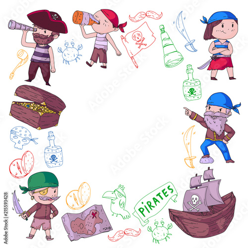 Pirate party for little children. Kindergarten background. Sea and ocean adventures. Ship and pirates, treasure island.