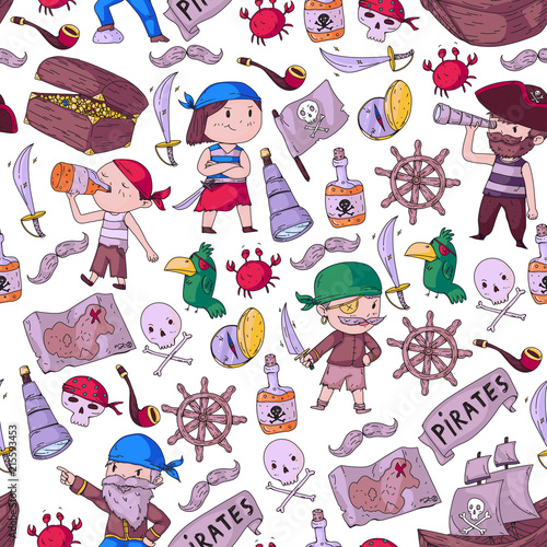 Pirate party for little children. Kindergarten background. Sea and ocean adventures. Ship and pirates, treasure island.