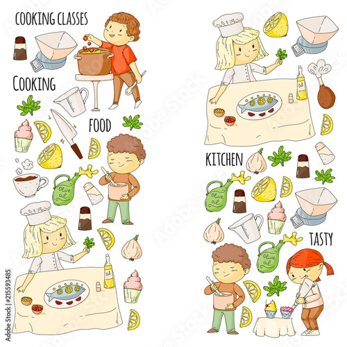 Cooking class banners  courses for little kindergarten children. Kitchenware  kitchen items  utensil. Vector pattern with doodle icons.