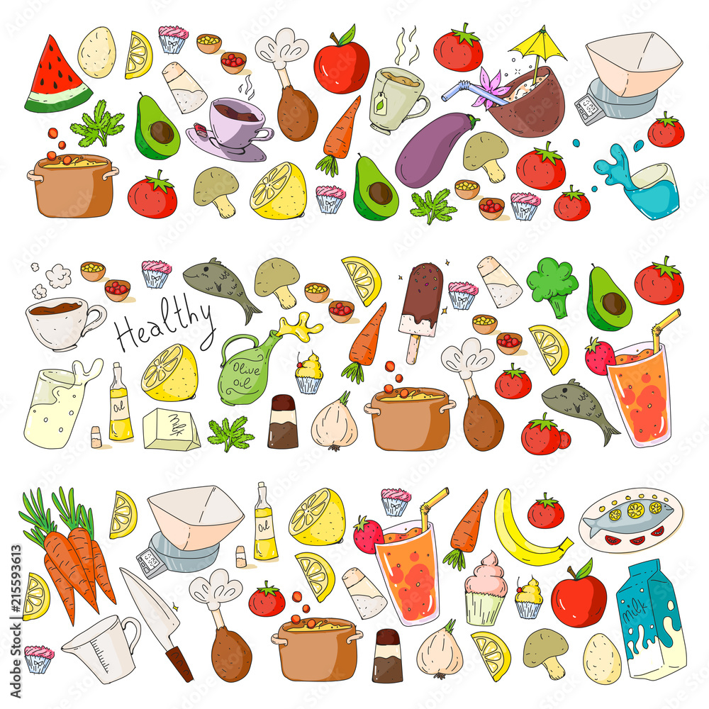 Pattern with healthy food. Cooking class, menu elements for restaurant, cafe. Milk, ice cream, fish, juice, avocado, turkey, carrot, garlic, coffee, tea.