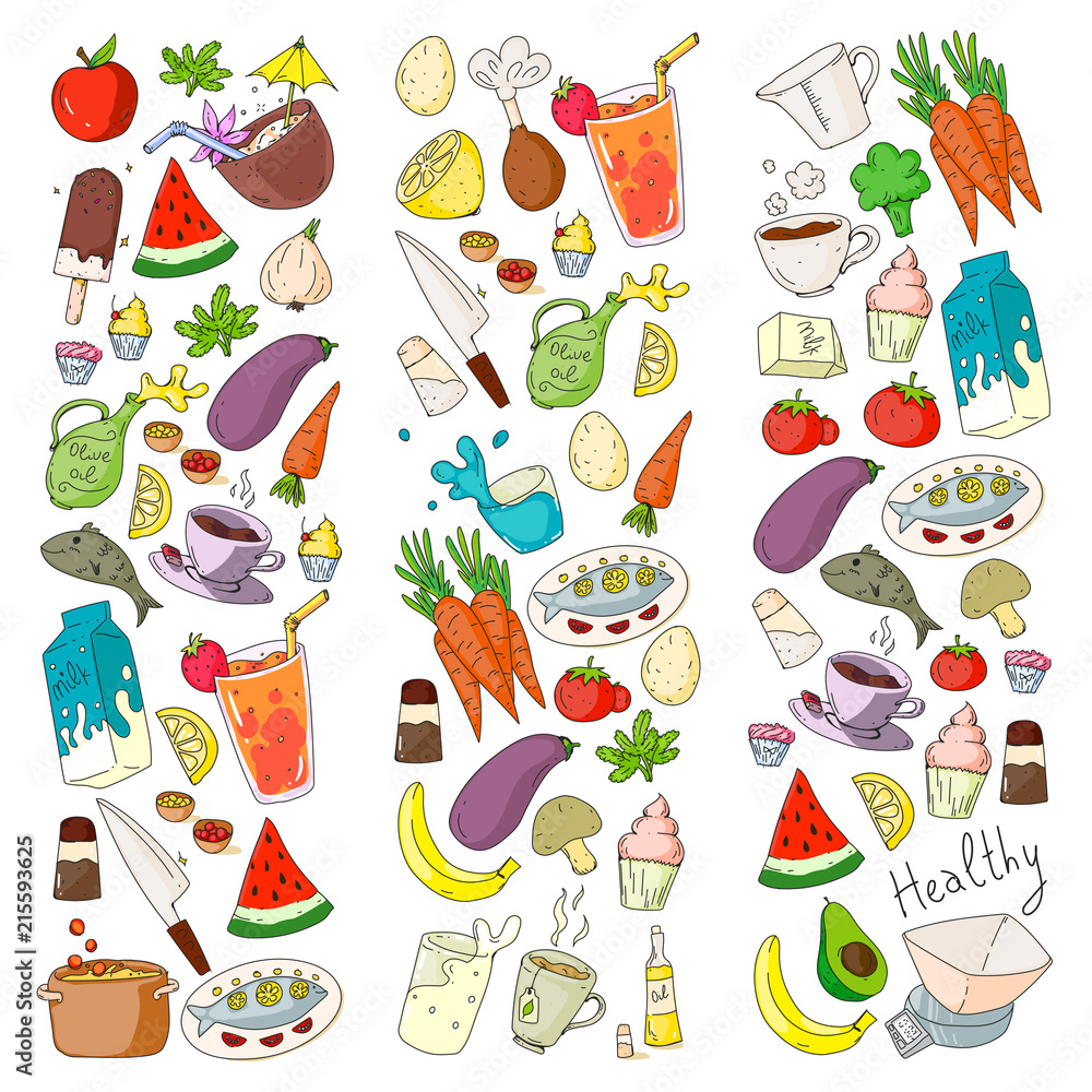 Pattern with healthy food. Cooking class, menu elements for restaurant, cafe. Milk, ice cream, fish, juice, avocado, turkey, carrot, garlic, coffee, tea. Pattern with healthy food. Cooking class, menu elements for restaurant, cafe. Milk, ice cream, fish, juice, avocado, turkey, carrot, garlic, coffee, tea.
