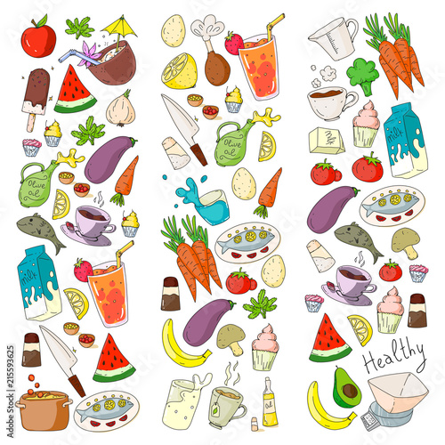 Pattern with healthy food. Cooking class, menu elements for restaurant, cafe. Milk, ice cream, fish, juice, avocado, turkey, carrot, garlic, coffee, tea.