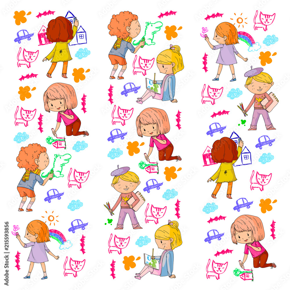 Children painting. School and kindergarten kids creative class. Education, play and grow together. Boys and girls drawing by pen and pencils. Playground. Children painting. School and kindergarten kids creative class. Education, play and grow together. Boys and girls drawing by pen and pencils. Playground.