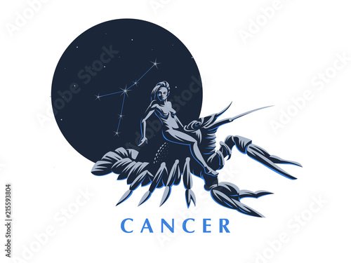Sign of the zodiac Cancer. A woman riding a crawfish. 