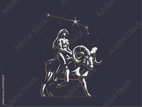 Sign of the zodiac Aries. The girl rides on Ram. Vector emblem.