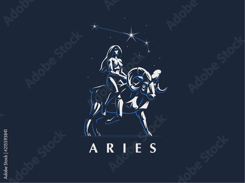 Sign of the zodiac Aries. The girl rides on Ram. Vector emblem.