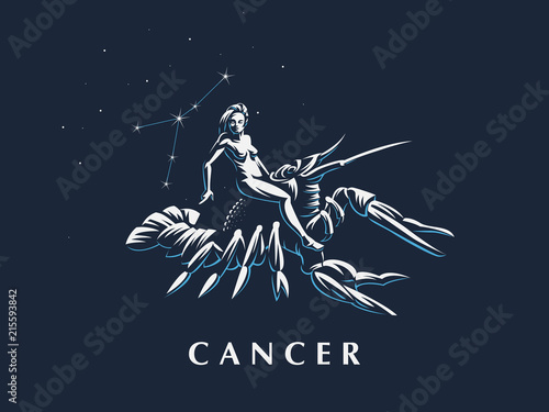 Sign of the zodiac Cancer. A woman riding a crawfish. 