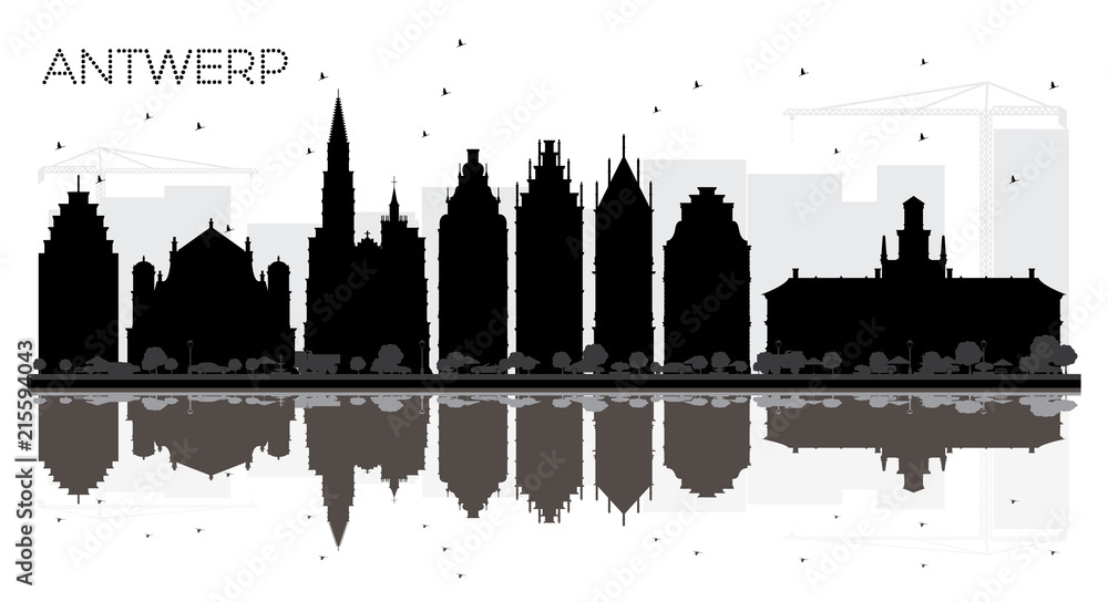 Naklejka premium Antwerp Belgium City skyline black and white silhouette with Reflections.