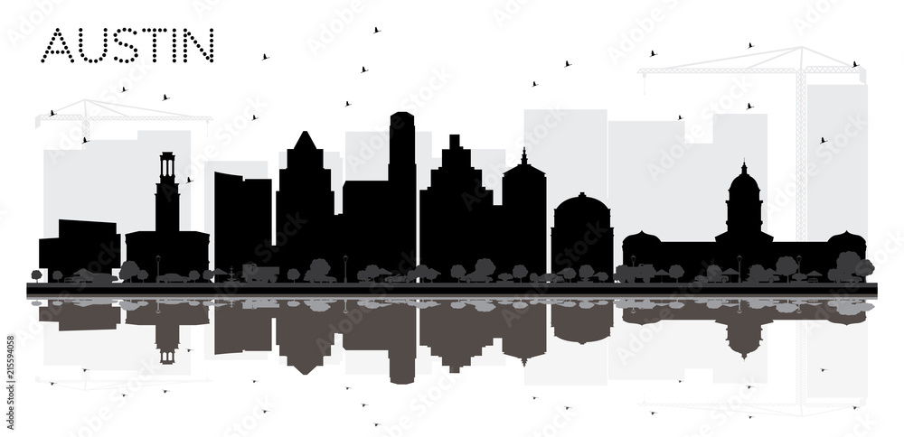 Austin Texas City skyline black and white silhouette with Reflections.