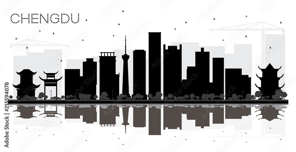 Chengdu China City skyline black and white silhouette with Reflections.
