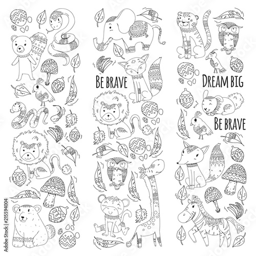 Pattern with cute forest and jungle animals. Fox  tiger  lion  zebra  bear  bird  parrot  snake  squirrel  elephant  monkey  owl. Tribal boho wild and free icons for little kindergarten children