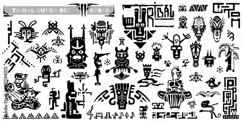 Set of tribal icons and musical notes. Ancient elements and symbols of the Maya. Black and white silhouette hand draws animals and fantastic creatures. Collection of cartoons ethnic style drawing. Vec