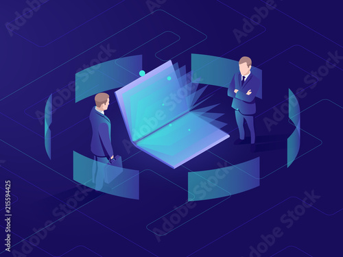Online education and learning, open book, man reading tutorial, businessman, data analyzing and processing isometric vector dark