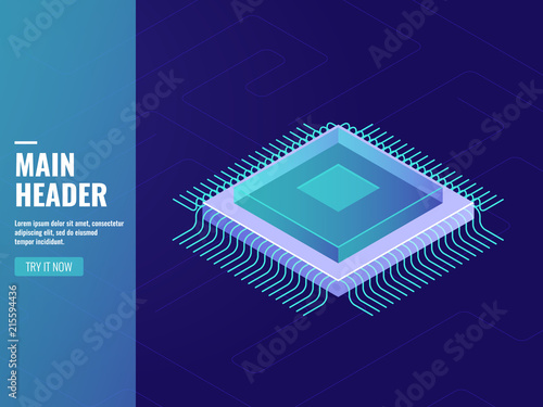 Computer technology, computer processor unit, cpu, data processing, server room, database and datacenter icon isometric vector dark