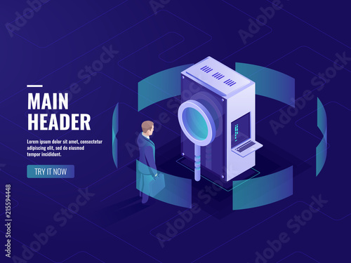 Data research and searching engine optimization seo, man with magnifying glass, server room, datacenter and database icon, bag data processing isometric vector dark