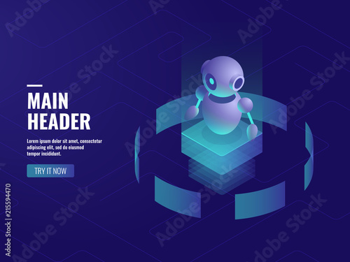 Robot ai artificial intelligence, online consultation and support, computer technology, automated system of analysis and analytic isometric vector dark