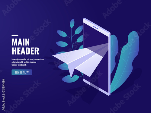 Online marketing, incoming message, paper aircraft, mobile phone, concept of internet advertising isometric vector dark