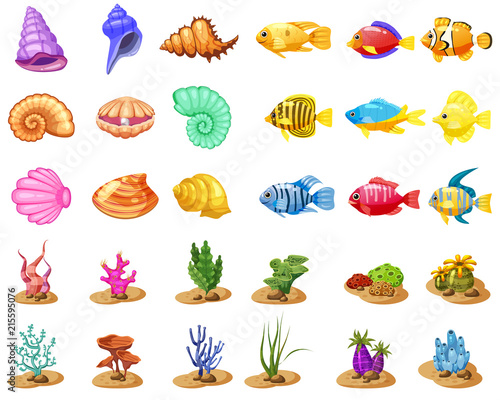 Cartoon Vector game icons with seashell, Colorful coral reef tropical fish, pearl, colorful corals and algae, white background, for match three game, apps on white background. Isolated elements.