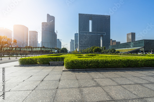 cityscape and skyline in blue sky from empty floor