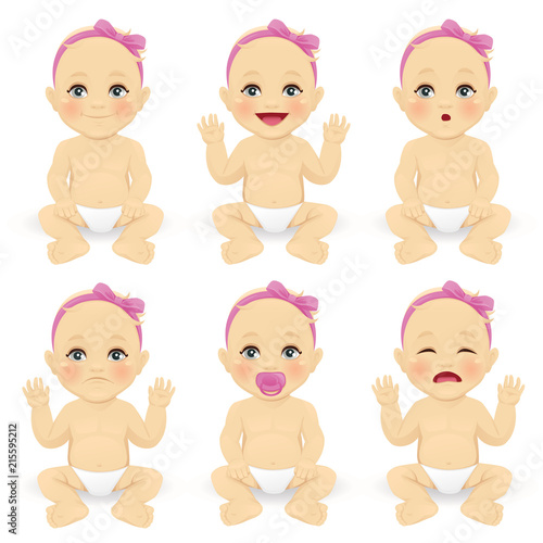 Cute baby girl emotions set vector illustration