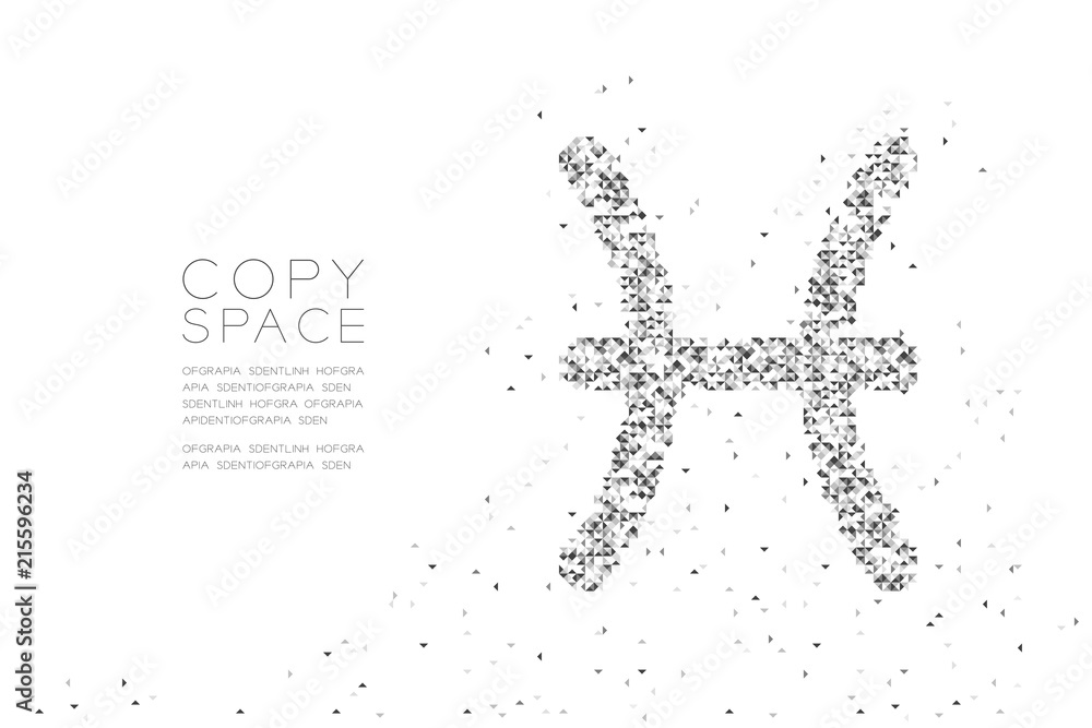 Abstract Geometric Low polygon square box pixel and Triangle pattern Pisces Zodiac sign shape, star constellation concept design black color illustration on white background with copy space, vector Abstract Geometric Low polygon square box pixel and Triangle pattern Pisces Zodiac sign shape, star constellation concept design black color illustration on white background with copy space, vector