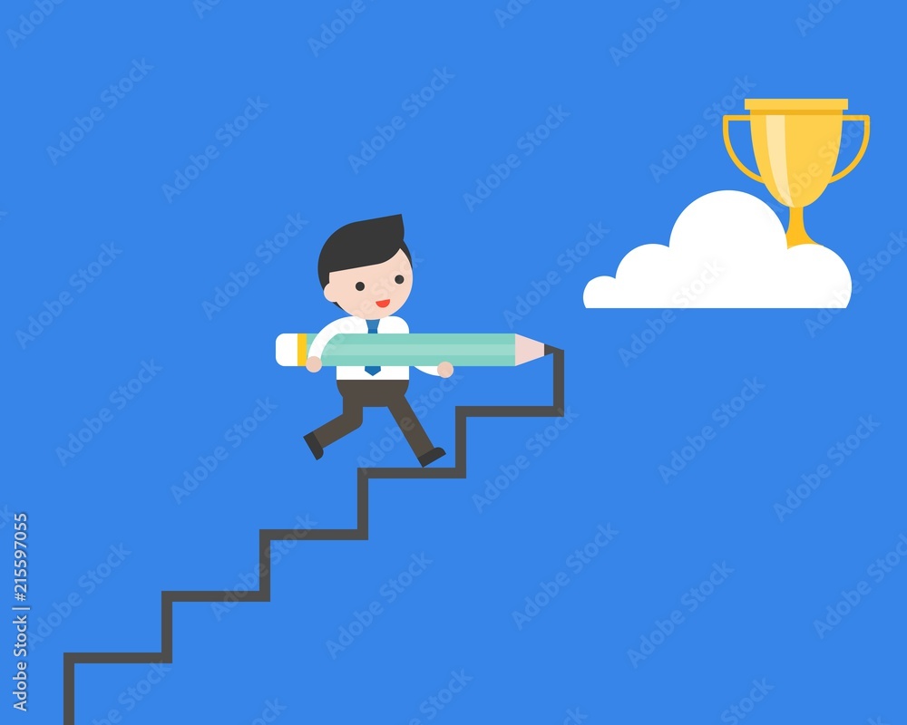 Cute businessman holding big pencil draw steps to reach gold trophy on the cloud in sky, business situation in flat design about effort or success concept