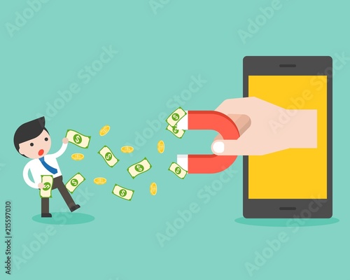 big hand holding big magnet in cell phone stall attract money from businessman, business situation in flat design online shopping scamming or e commerce concept