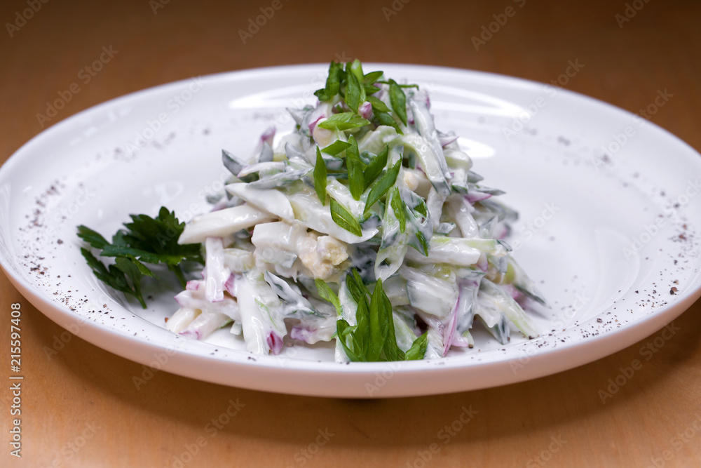 Dish, vegetable salad with mayonnaise Dish, vegetable salad with mayonnaise