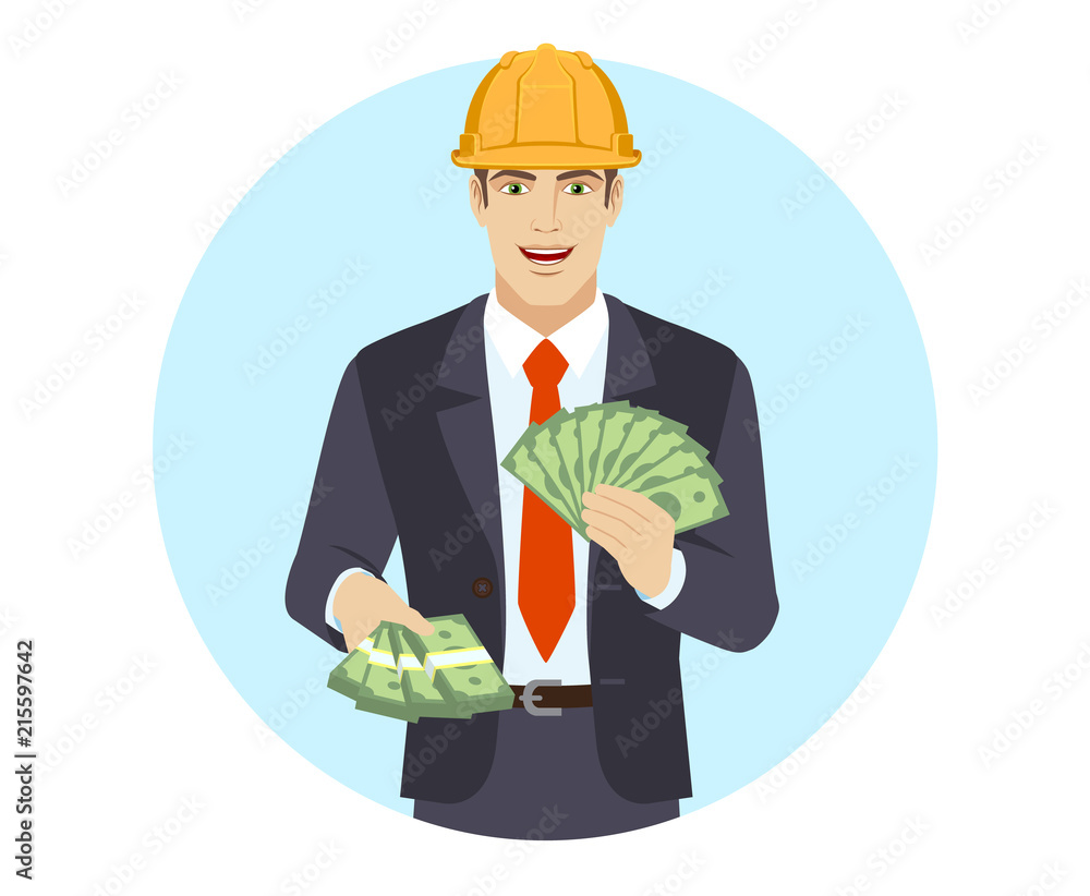Businessman in construction helmet with money Businessman in construction helmet with money