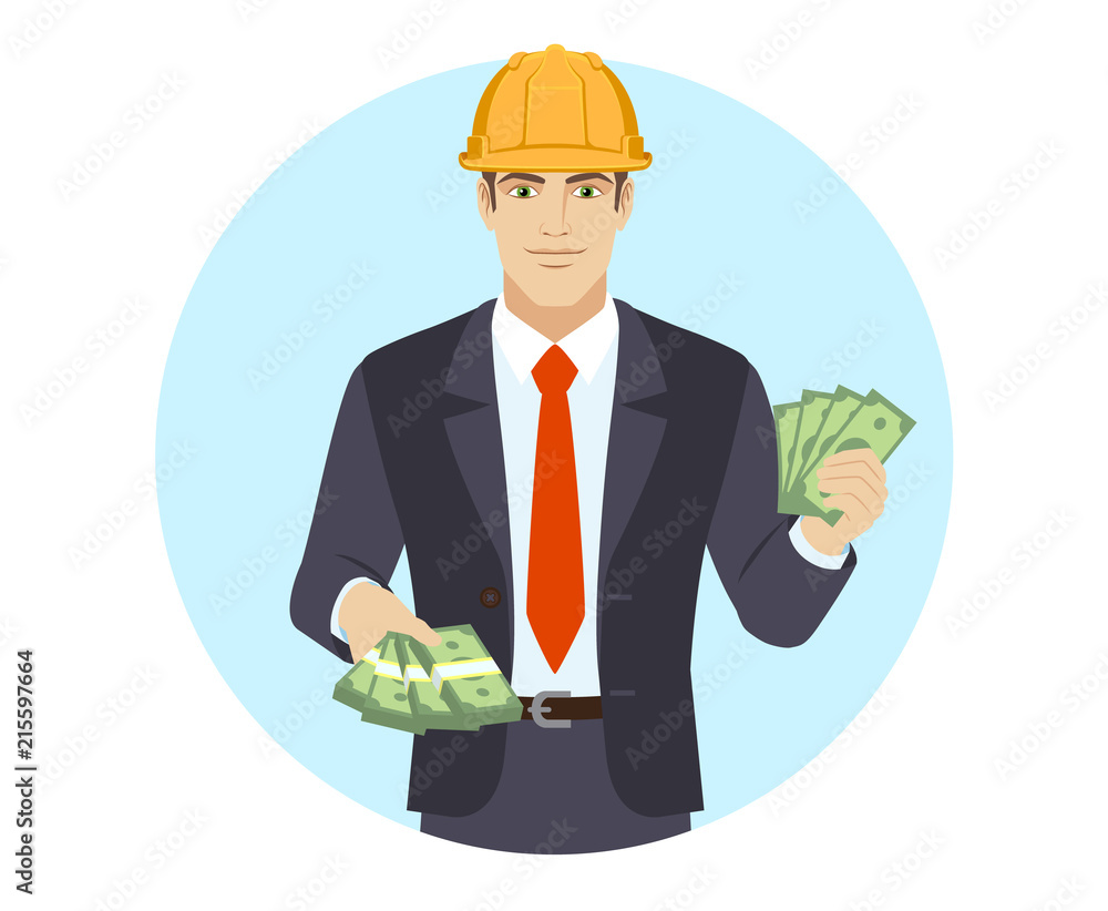 Businessman in construction helmet showing money Businessman in construction helmet showing money