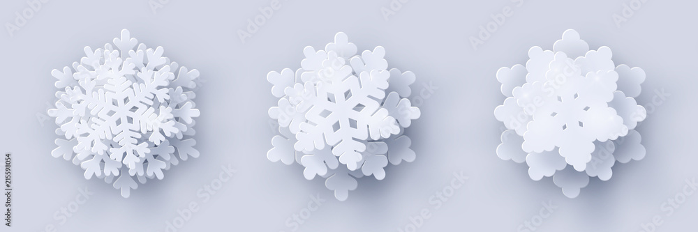 Vector set of 3 white Christmas paper cut 3d snowflakes with shadow on white background. New year and Christmas design elements Vector set of 3 white Christmas paper cut 3d snowflakes with shadow on white background. New year and Christmas design elements