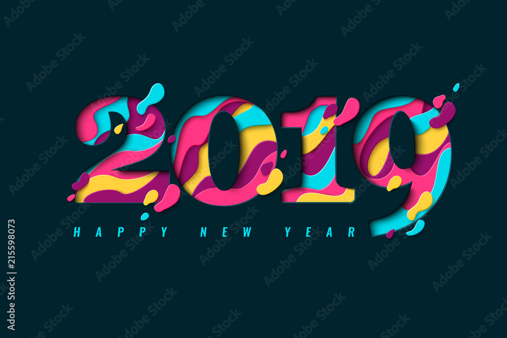 2019 Happy New Year paper craft holiday background. Vector winter holiday party invitation with paper cut numbers 2019 on dark background. Design for seasonal flyers, banners, posters.