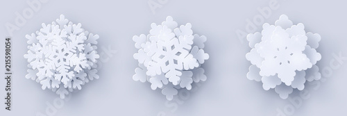 Vector set of 3 white Christmas paper cut 3d snowflakes with shadow on white background. New year and Christmas design elements