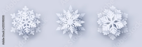 Vector set of 3 white Christmas paper cut 3d snowflakes with shadow on white background. New year and Christmas design elements