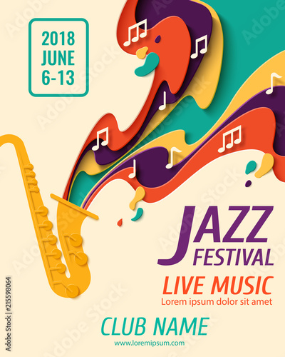 Jazz Festival - music paper cut style poster for jazz festival or night blues retro party with saxophone and notes. Vector paper craft vintage music background