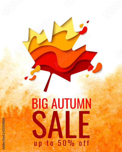 Vector Autumn Sale template with paper cut autumn maple leaf on watercolor background for shopping sale flyer, web banner. Fall seasonal shopping promo poster