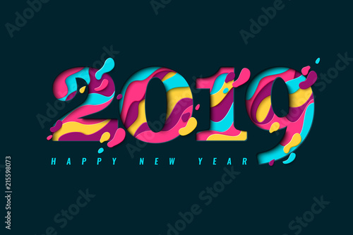 2019 Happy New Year paper craft holiday background. Vector winter holiday party invitation with paper cut numbers 2019 on dark background. Design for seasonal flyers, banners, posters.