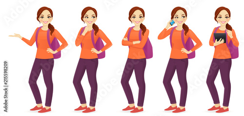 Young woman with backpack set different gestures isolated