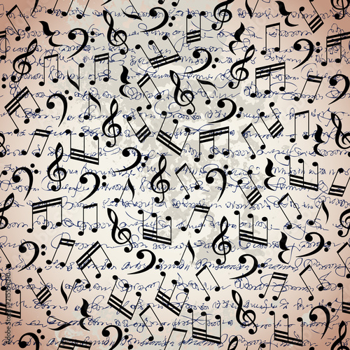 Classical music lettering and notes on white. Seamless background. Vector image.