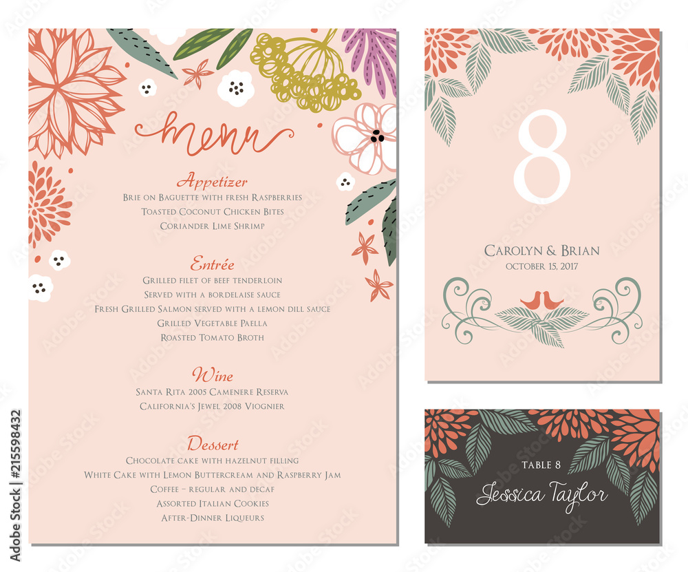 Wedding menu, table number and name place card design.