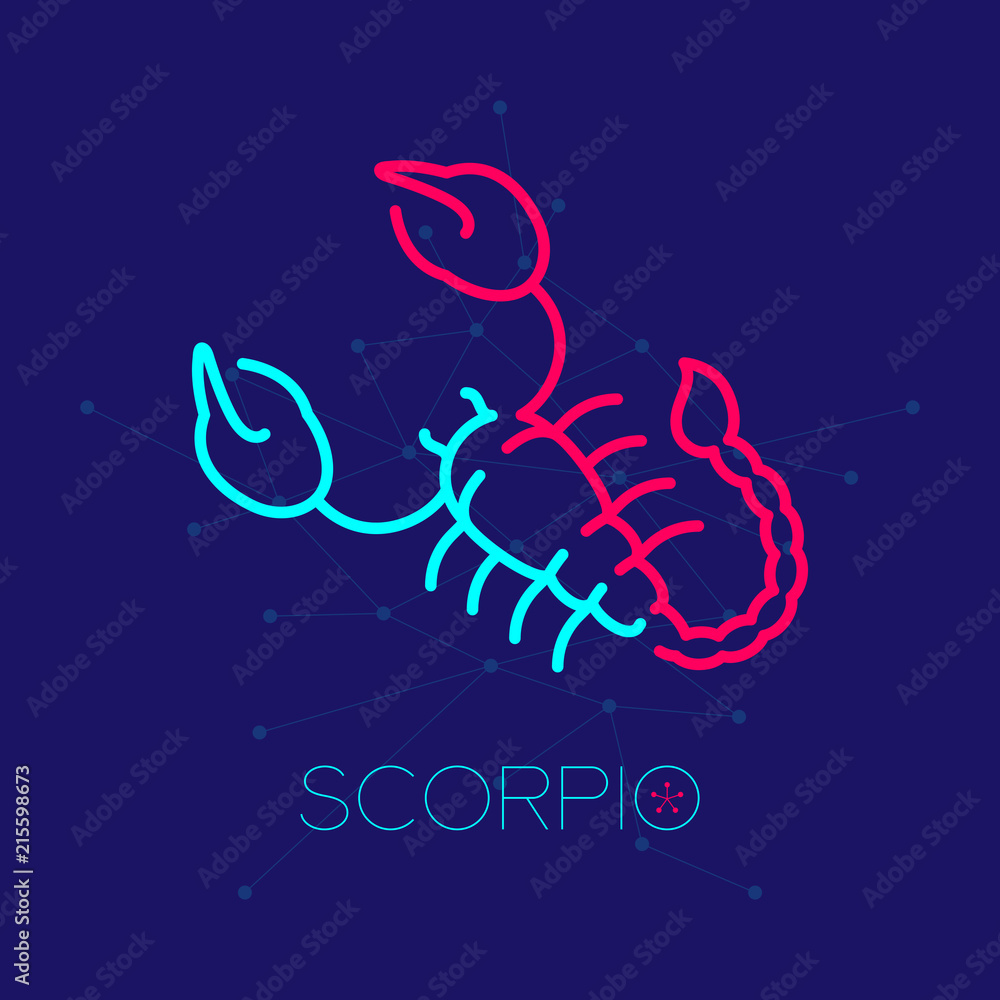 Naklejka premium Scorpio Zodiac constellation logo icon outline stroke set dash line design illustration isolated on dark blue background with scorpio text and copy space