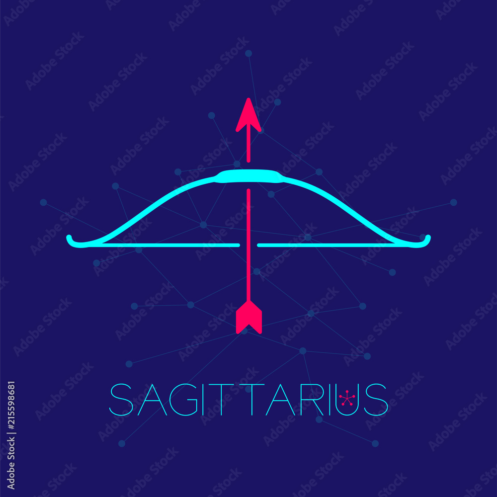 Sagittarius Zodiac constellation logo icon outline stroke set dash line design illustration isolated on dark blue background with sagittarius text and copy space