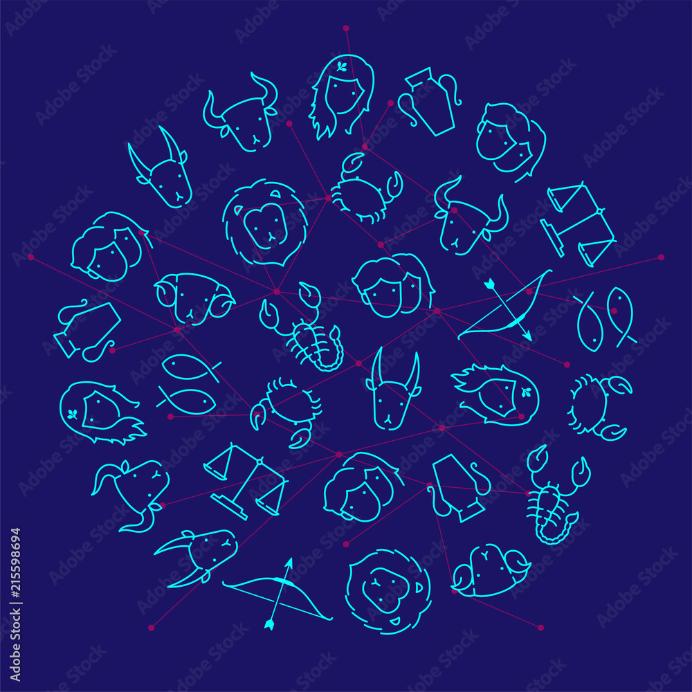 Zodiac constellation icon pattern circle shape outline stroke set dash line design illustration isolated on dark blue background