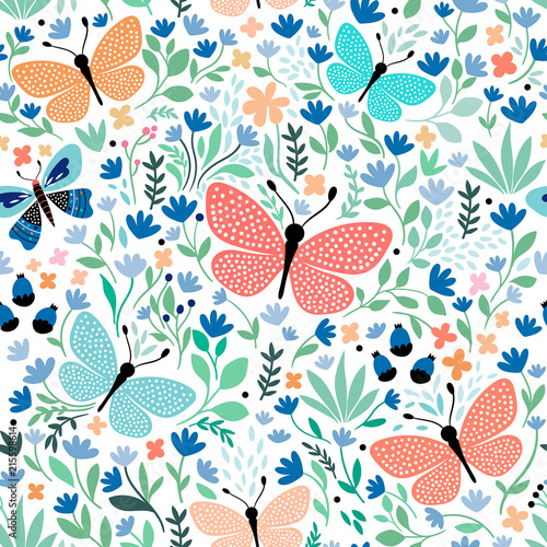 Carta da parati Farfalle - Carta da parati Hand drawn seamless pattern with butterflies and plants