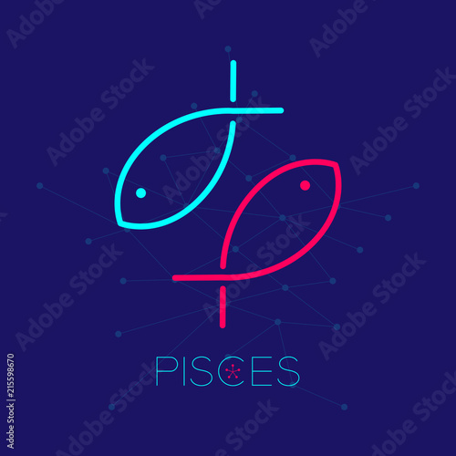 Pisces Zodiac constellation logo icon outline stroke set dash line design illustration isolated on dark blue background with pisces text and copy space