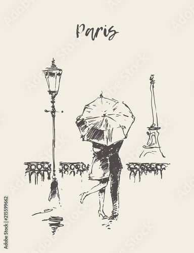 loving couple under umbrella rain Paris vector