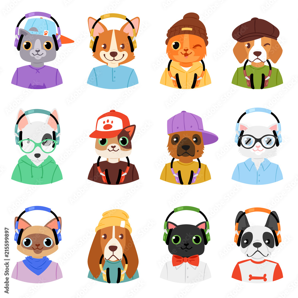 Animal in headphones vector animalistic character cat or dog in earphones listening to music illustration set of cartoon wild doggy and kitty dj in headgear or earbuds isolated on white background Animal in headphones vector animalistic character cat or dog in earphones listening to music illustration set of cartoon wild doggy and kitty dj in headgear or earbuds isolated on white background