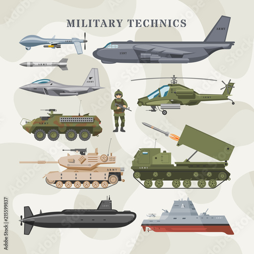 Military technics vector army transport plane and armored tank or helicopter illustration technical set of armored aviation and armoured submarine isolated on camouflage background