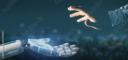 Obraz na płótnie Cyborg robot hand on a city background 3d rendering