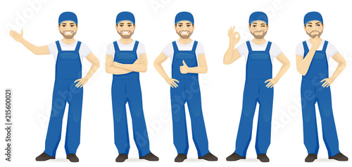 Man in blue overalls set with different gestures isolated